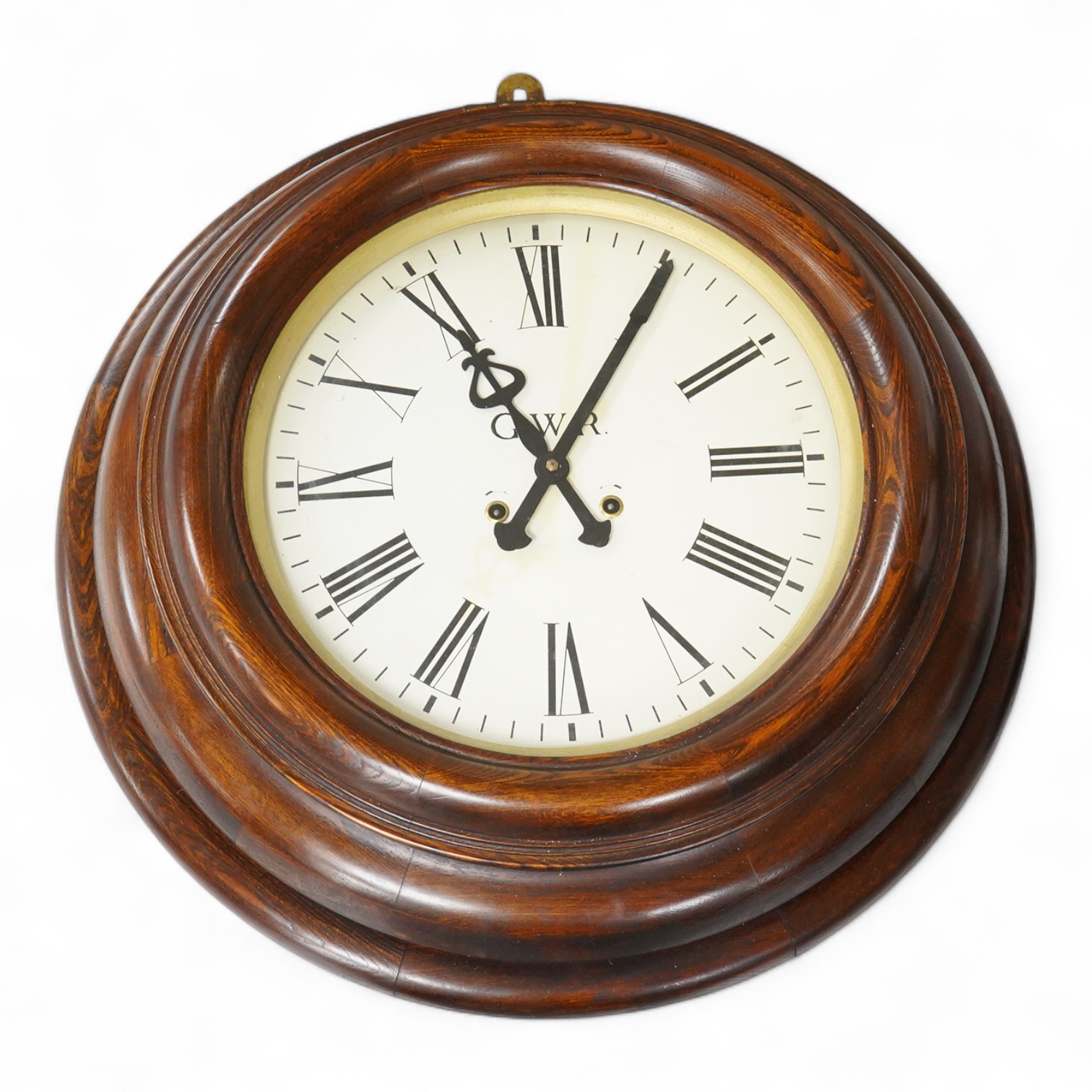 A large 20th century wall clock with platform escapement, the dial painted with GWR, 68cm in diameter